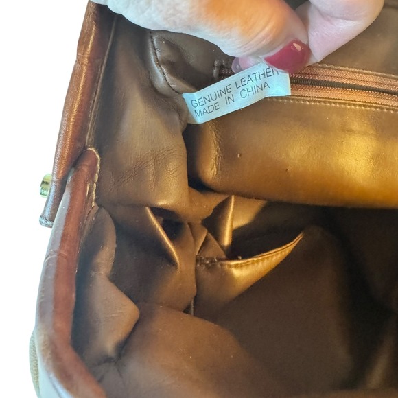 Vtg Brown Leather Croc Trim Doctor Bag Satchel Handbag Crossbody Strap Old Money - Picture 8 of 13